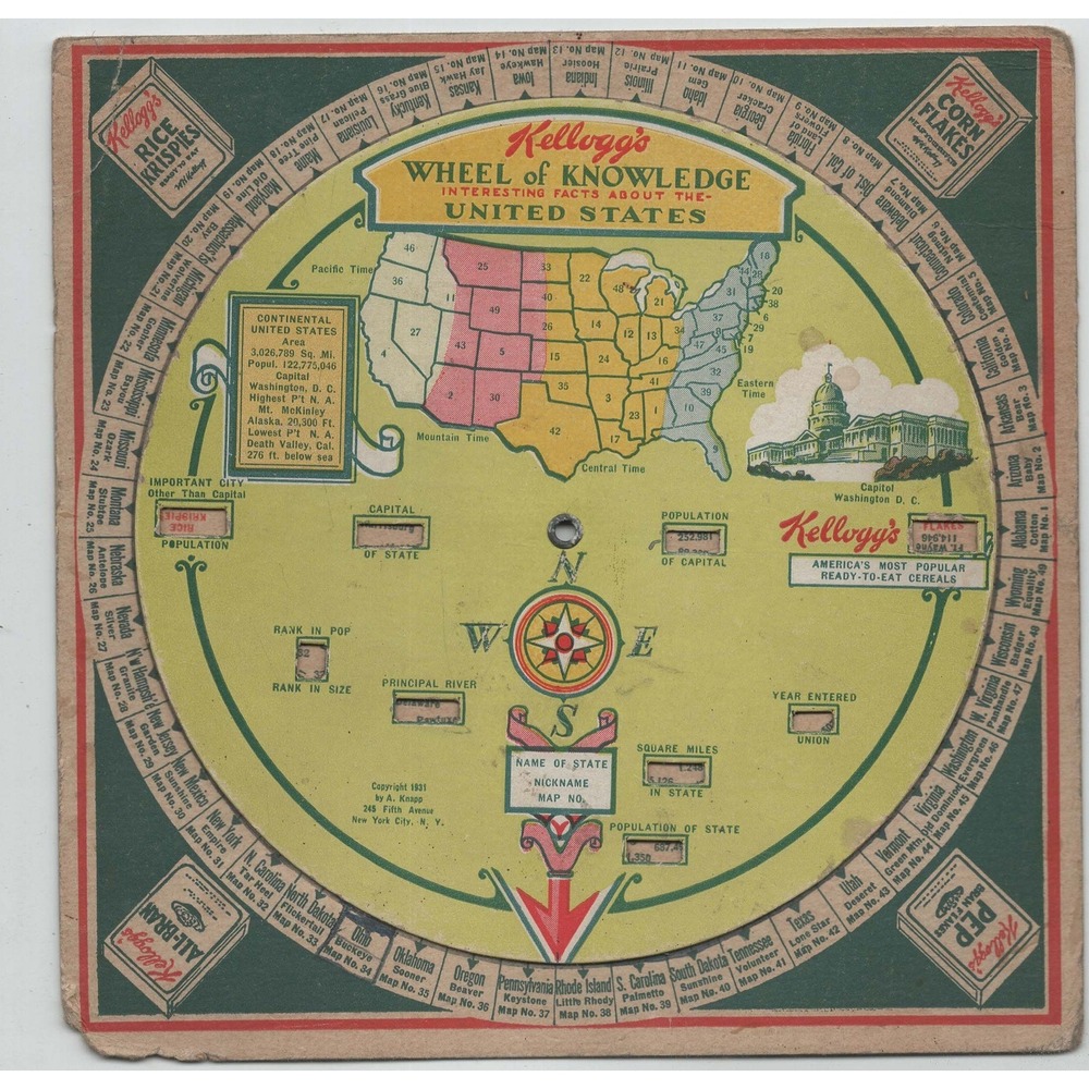 Vintage 1931 Kelloggs Wheel of Knowledge United States Map Cereal Premium Chart - Picture 1 of 2